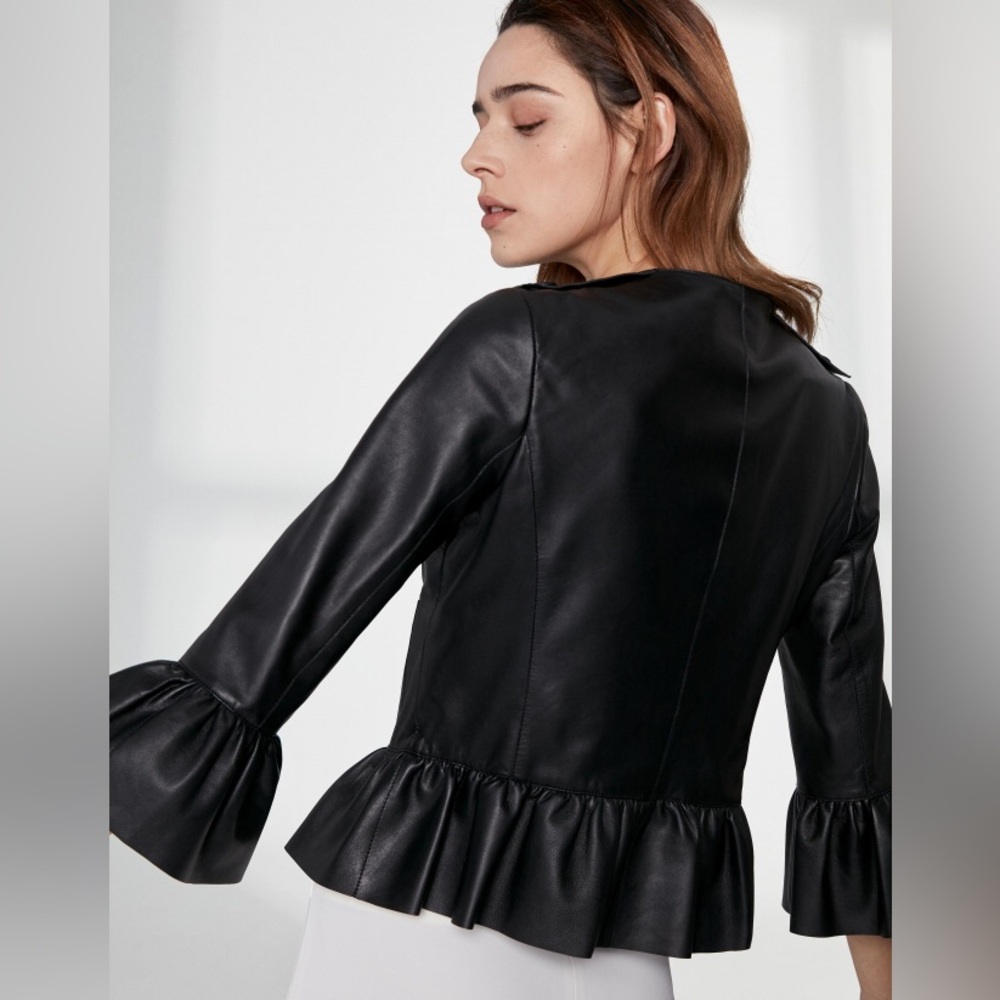 Black Faux Leather Ruffle Hem Bell Sleeve Jacket — Size Small - Picture 12 of 12
